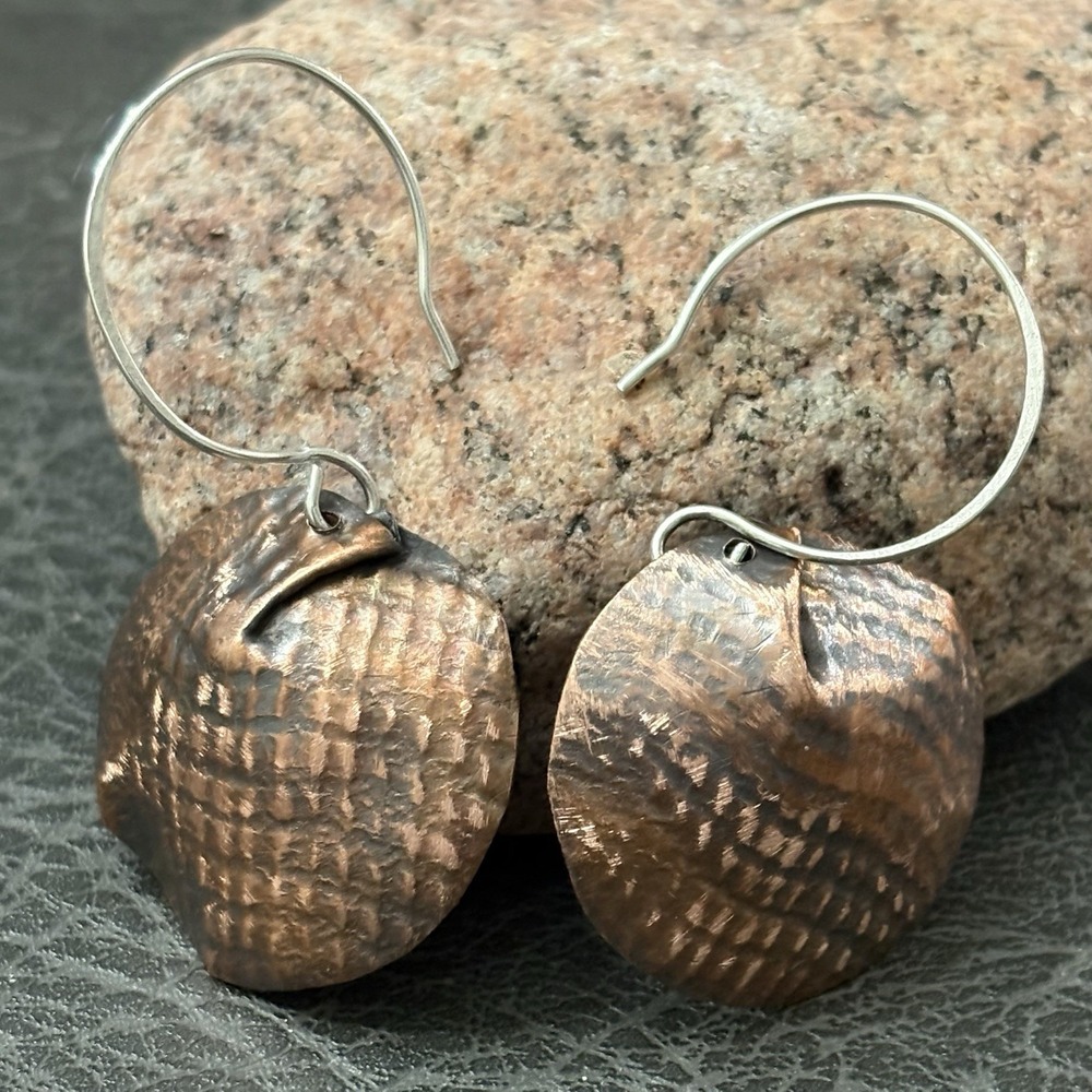 Sterling and Copper‎ Artisan Dangle Pierced Earrings, Forged Handmade Jewelry